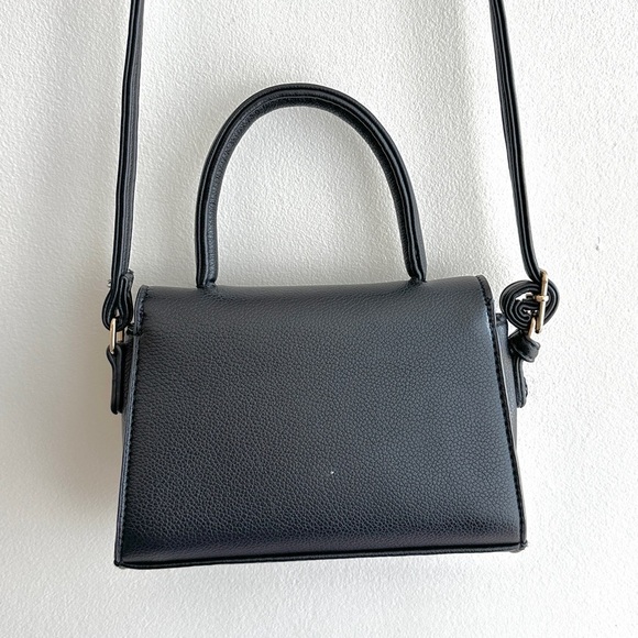 Small Black Top Handle Crossbody Faux Pebble Leather Snap Closure Bag - Picture 9 of 13